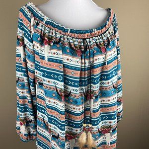 Berry N Cream Long Sleeve Blouse Size M Teal Blue Peach Cream, Aztec Ranch